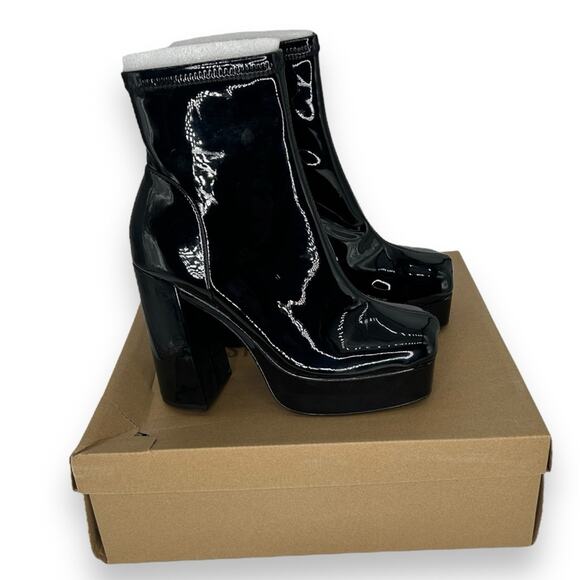 NEW Steve Madden Retro Black Patent Boots Size 9 Square Toe Chunky Go Go NWT - Picture 1 of 12